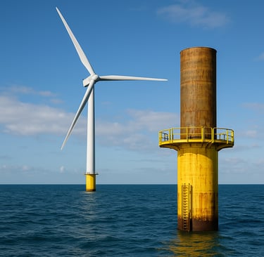 Offshore wind turbine and recycled steel monopile in open sea under partly cloudy sky.