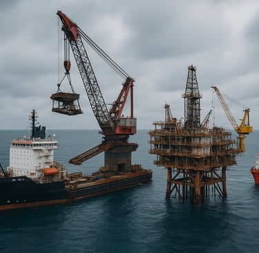 ChatGPT said: Offshore oil rig dismantling with cranes and vessels under a cloudy sky.
