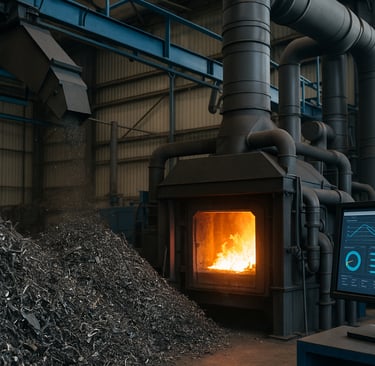 Aluminum recycling plant with metal turnings, furnace, and process monitors.