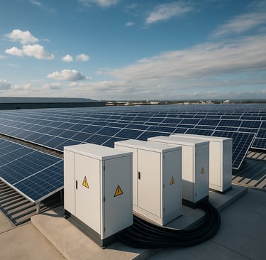 Industrial rooftop with solar panels and three battery units under a partly cloudy sky.