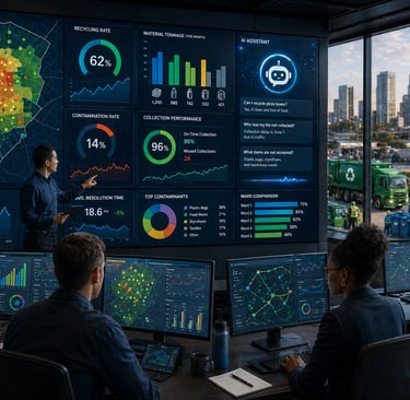 City data team reviewing AI-powered recycling metrics dashboards