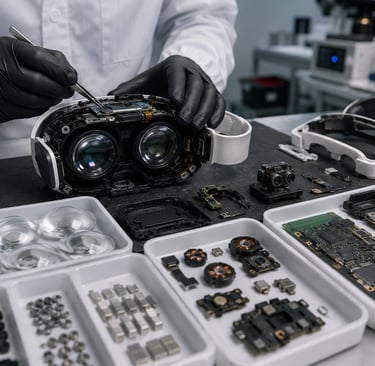 Technician disassembling an XR headset with recovered lenses, circuit boards, and rare earth items