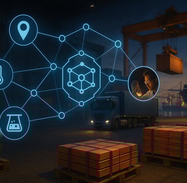 Blockchain linked metals supply chain with coils, copper stacks, glowing oracle network at port