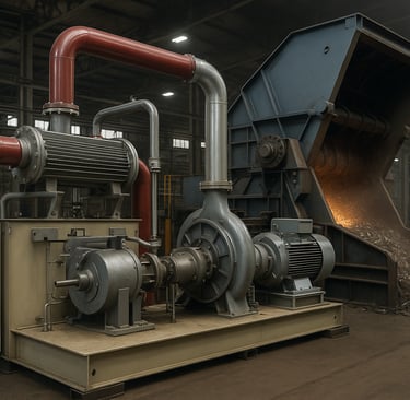 ORC unit beside a metal shredder recovering waste heat in an industrial plant.