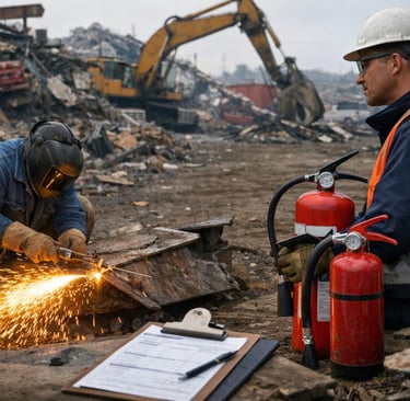 Welder cutting scrap metal as a fire watch monitors nearby in an active scrap yard.