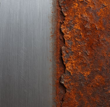 Close-up of polished steel beside corroded rust.