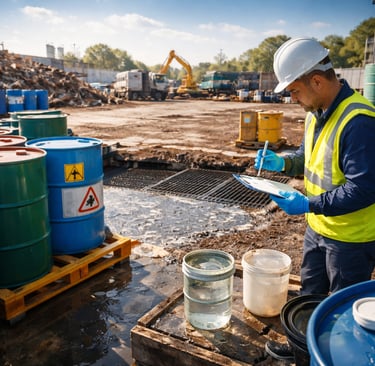Industrial yard worker sampling water near chemical drums and stormwater drain at an active scrap ya