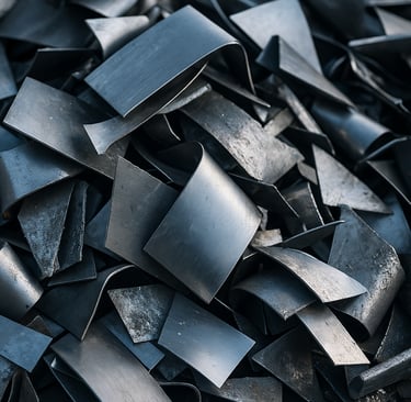 Pile of titanium scrap in an industrial yard with silos and a factory in the background.
