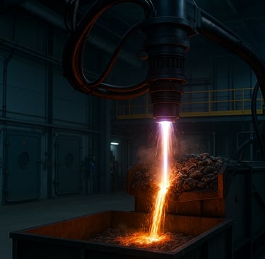 Plasma torch liquefying scrap in an advanced recycling facility.