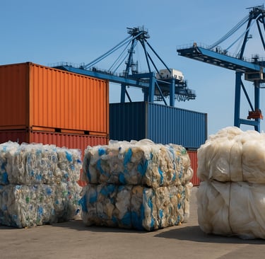 Plastic scrap bales at a shipping yard with containers and cranes.