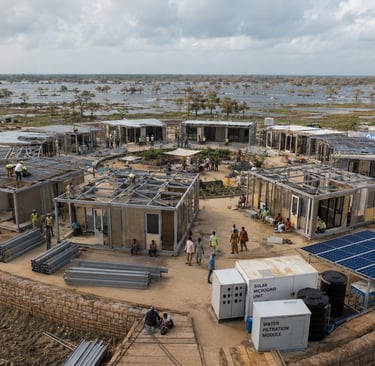 Demountable steel homes assembled for flood-displaced families.
