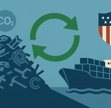Scrap metal, recycling symbol, cargo ship, and U.S. shield for CBAM trade.