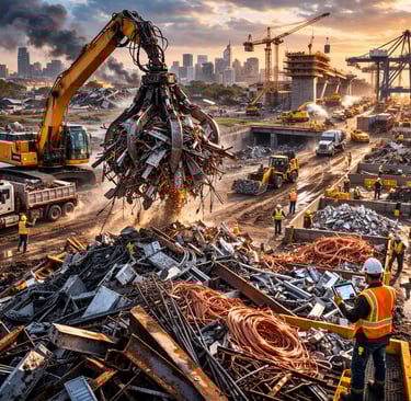 Disaster scrap recovery yard at a port with excavator, trucks, workers, and sorted metal debris