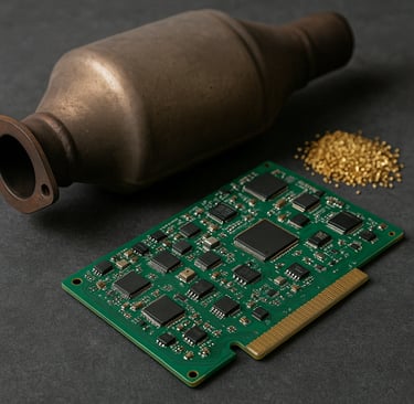 Catalytic converter, circuit board, and gold granules on a dark surface.
