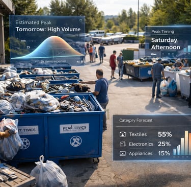 Recycling drop-off site with people unloading items and subtle data-style overlays