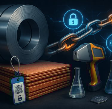 Blockchain-secured metals scene with steel coil, copper sheets, lab tools, and digital chain links.