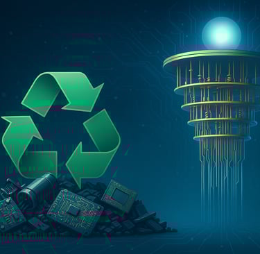 Futuristic digital artwork showing a glowing green recycling symbol above electronic waste, contrast