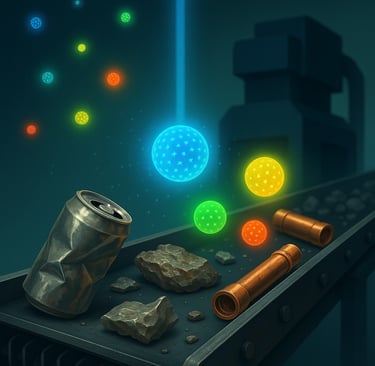 Glowing quantum dots hover over scrap metals on a recycling conveyor belt.