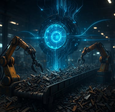 Quantum core monitors robotic arms sorting scrap on a conveyor.