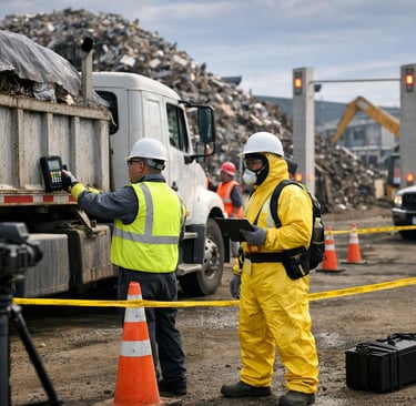 Scrap yard workers inspect a truck with radiation detection equipment at a controlled portal area.