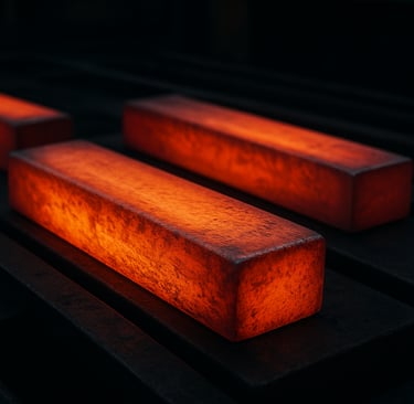 Glowing steel billets cooling on dark metal racks.