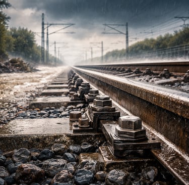 Rain-soaked railway tracks with exposed metal fasteners under stormy skies.