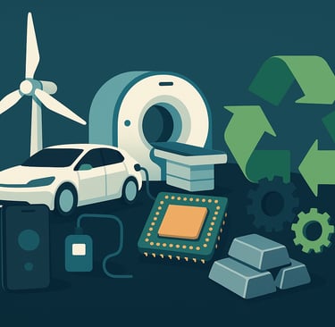 A digital illustration of rare earth elements powering tech like wind turbines, EVs, and smartphones