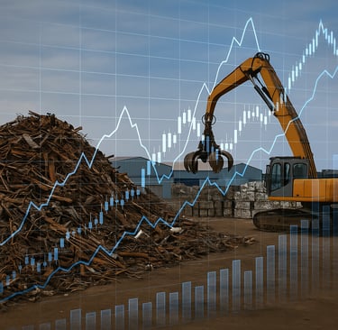 Scrap yard with holographic commodity price charts overlay