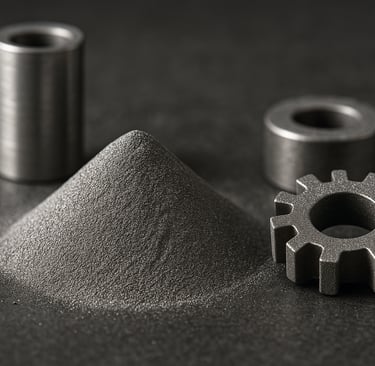 metallic powder and sintered gear on dark background