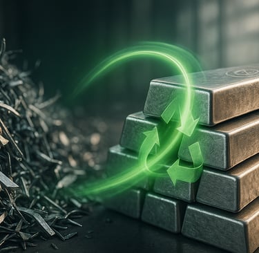 Scrap pile morphs into stacked ingots via green recycling swirl.