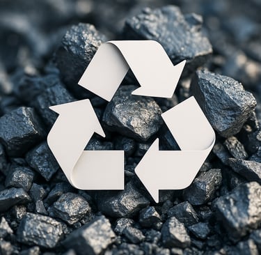Close-up of metal fragments with a white recycling symbol on top.