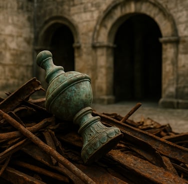 Aged bronze artifact on rusted metal pile before old stone arches, symbolizing heritage decay.