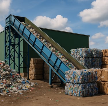 Recycling facility with conveyor belt, stacked plastic and cardboard bales, and green building under