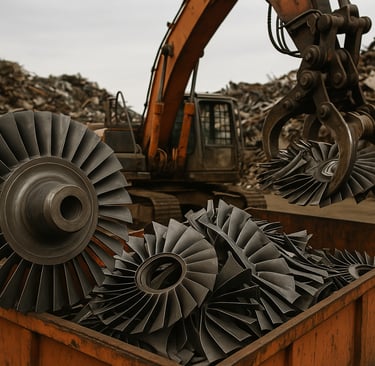 Recycling yard with turbine blades and a rusty excavator amid scrap piles under a gray sky.