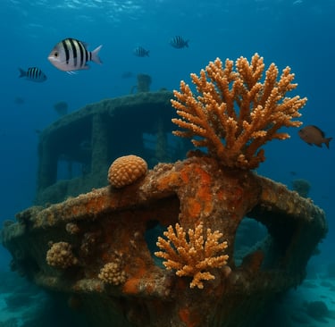 Rusted shipwreck with coral growth and fish, lit by sunlight underwater.