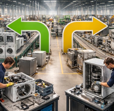 Appliance repair and recycling facility with technicians and stacked units.