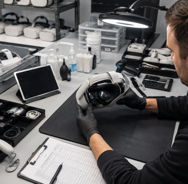 Technician inspecting a used XR headset at a refurbishment intake station.