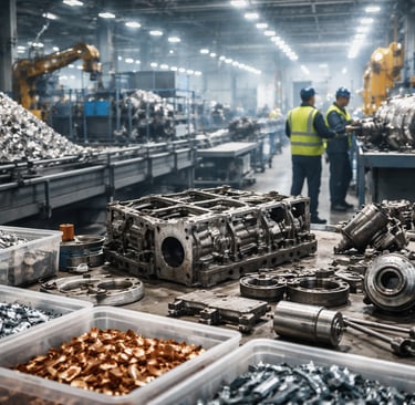 Industrial remanufacturing facility with engine components and sorted recycled metal parts.