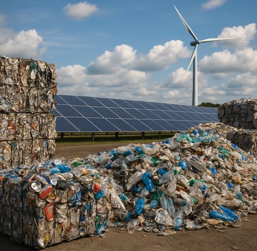 Recycling yard with solar panels and a wind turbine.