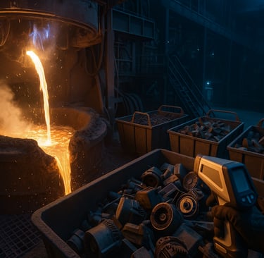 EAF tapping molten steel with scrap bins and handheld analyzer.
