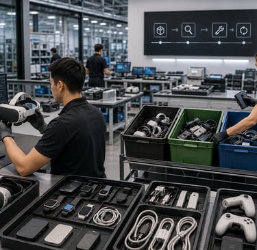 Technician inspecting returned XR devices at a warranty reverse logistics intake station.