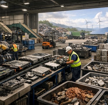 Worker sorting batteries and scrap metals inside a reverse logistics hub.