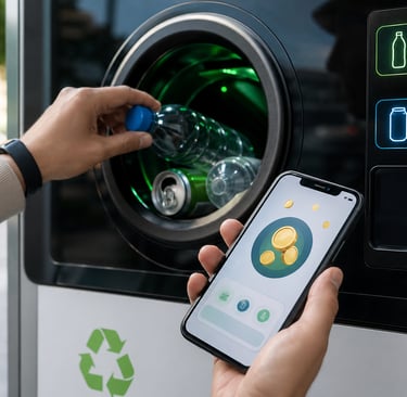 Person returning a plastic bottle at a smart recycling kiosk while checking digital reward tokens