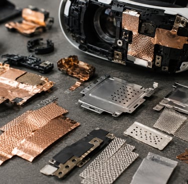 close-up of a dismantled XR headset on an electronics recycling bench with copper RF shielding foil