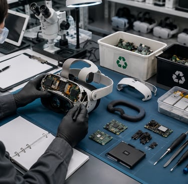 Technician disassembling an XR headset in a clean electronics repair lab with sorted components