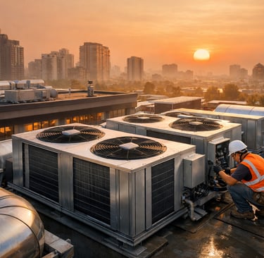 Technician servicing rooftop HVAC units at an urban cooling center