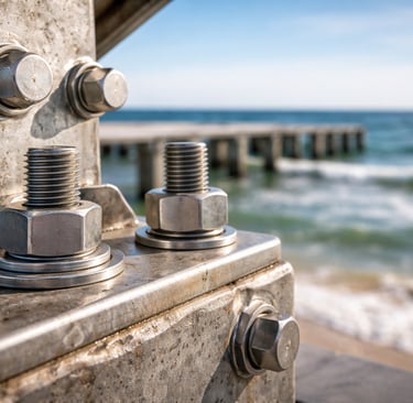 Close-up of stainless steel bolts and washers securing a coastal metal structure beside the sea.