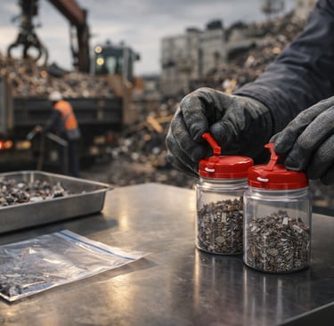 Gloved hands seal metal scrap samples on a stainless table with active scrap loading in the back