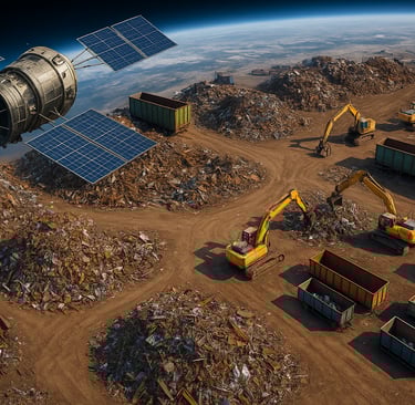 Satellite above scrap yard with excavators and metal piles.