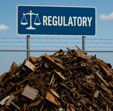 A close-up view of a large pile of rusted scrap metal in front of a barbed-wire fence and a blue reg